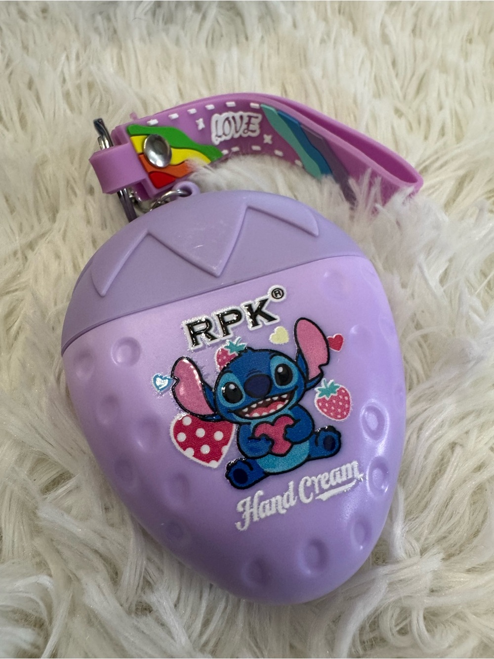Cute Lavender Stitch Strawberry Hand Cream Keychain with strap